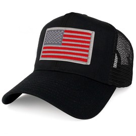 Armycrew XXL Oversize Red Grey USA Flag Patch Mesh Back Trucker Baseball Cap - Black
