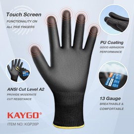 KAYGO Work Gloves PU Coated 6 Pairs Cut Resistant Touchscreen, KGP26PB, ANSI Cut Level A2 Safety Working Gloves with Secure Grip, Ideal for Warehouse Construction Carpentry Gardening (Medium, Black)