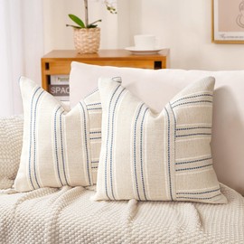 AELS 22x22 Decorative Farmhouse Linen Throw Pillow Covers, Boho Textured Pillow Case, Set of 2,Beige with White & Navy Blue Stripe Patchwork Cushion Cover for Sofa Couch Living Room(Cover ONLY)