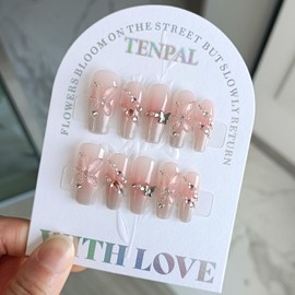 TENPAL Handmade Press on Nails with Full Kits,Pink Ombre French Cat Eye Coffin Fake Nails,Korean Nude Nails with 3D Charms Beads Butterflies Diamonds,Sweet Cute False Nails Daily Wear for Women(S)