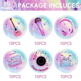 60PCS Popular Music Birthday Party Decorations Popular Singer Party Plates Supplies for Girls Birthday Fans Celebration Guitar Party