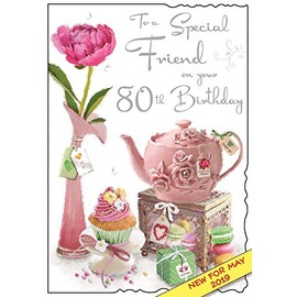 Friend 80th Birthday Card - Teapot, Cakes & Flower