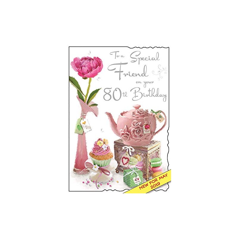 Friend 80th Birthday Card - Teapot, Cakes & Flower