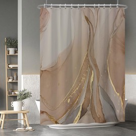 Baocicoo Brown Gold Marble Shower Curtain Set Golden Cracked Lines Modern Shower Curtains for Bathroom Living Room Decor Polyester Durable Waterproof Curtain for Bathroom with Hooks 72x96 Inches