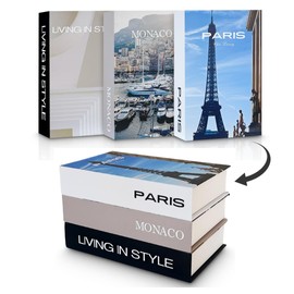 Cortegé Malibu Set of 3 Faux Books - Faux Book Decor for Coffee Table - Decorative Book Boxes for Home, Office - Fake Book Box Set with Monaco, Paris, Living in Style Titles - Chic Table Decorations