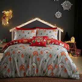 Bedlam - Christmas Gingerbread House Duvet Cover - Single Size (140 x 200 cm) - Reversible (2 Colors) - 1 x Pillowcase - Gingerbread Man Duvet Cover - Christmas Bedding - Christmas Decoration