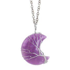 Anjiucc Natural Crystal Stone Tree of Life Metal Wire Wrapped Crescent Moon Pendant Necklace for Men and Women's Jewelry（Amethyst
