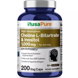 NusaPure Choline & Inositol 1000mg - 200 Veggie Caps with Bioperine