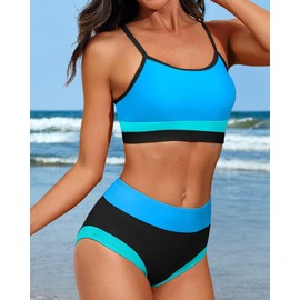 CharmLeaks Women High Waisted Bikini Set Color Block Sporty Two Piece Swimming Costume Blue XL