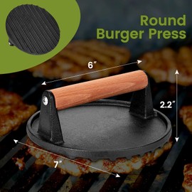 Whaleme Burger Press, Blackstone 7” Round Heavy-Duty Cast Iron Smash Meat Steak with Wooden Handle for Blackstone Griddle, Ideal for Patty, Panini, Steak & Sandwiches, Nonstick Pan