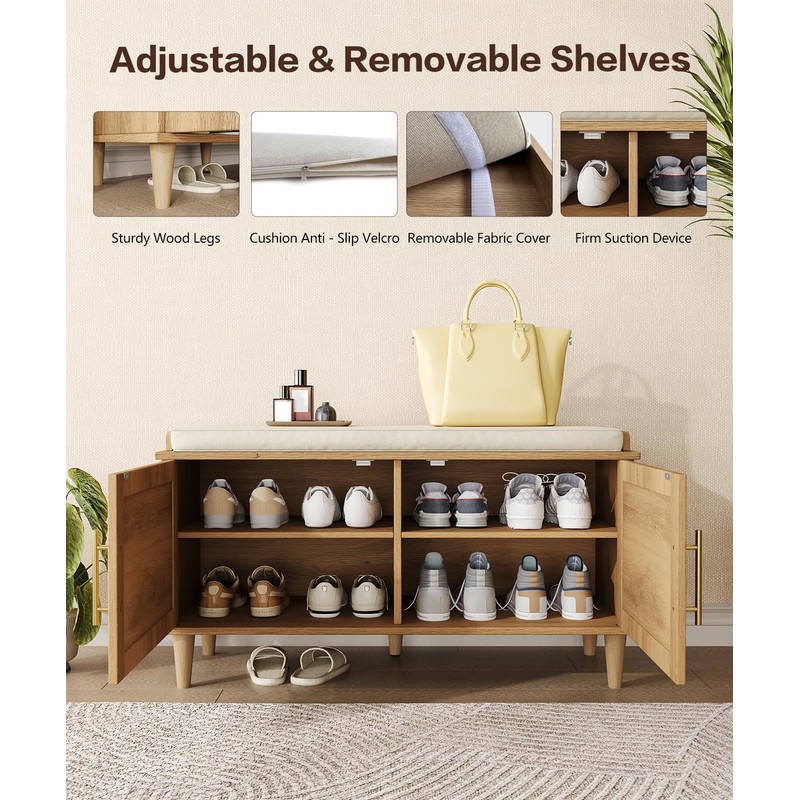 Akxomel Rattan Shoe Storage Bench with Cushion, 2-Tier Entryway Bench