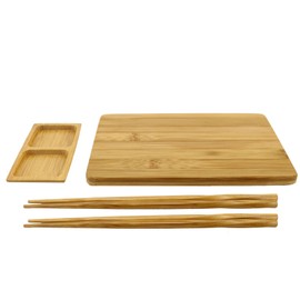 BambooMN Reusable Bamboo Sushi Serving Board Set - 1 Sushi Board, 2 Sets of Chopsticks, 1 Sushi Dipping Tray