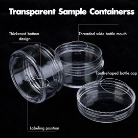 10 Gram 100 Count Sample Containers, Small Plastic Containers with Lids, Empty Sample Jars with Labels and Mini Disposable Spatulas(Clear Lid)