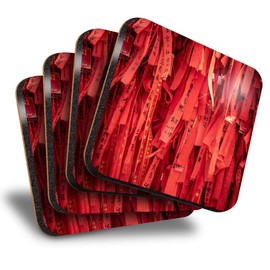 Destination Vinyl ltd Great Coasters (Set of 4) Square - Chinese Red Paper Strips China Drink Glossy Coasters/Tabletop Protection for Any Table Type #44586