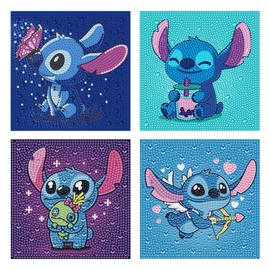 HecticCore Pack of 4 Diamond Painting Children, Cute Stitch 5D DIY Diamond Art Mosaic Sets for Beginners, Full Round Drill Gemstone Art for Home Wall Decoration, Girls Gift, 15 x 15 cm