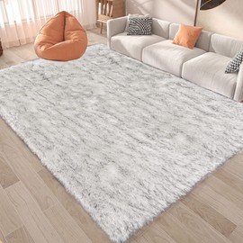 Latepis 6 x 8 Area Rug White with Gray Tips Shag Rug Large Faux Sheepskin Rug for Living Room Bedroom Rug Washable Fur Rug Fluffy Rug Home Decor Rectangle