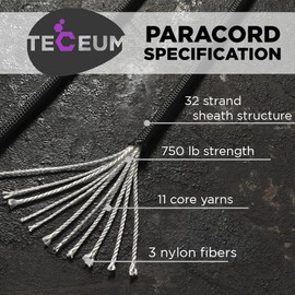 TECEUM Paracord Type IV 750 lb Basalt – 50 ft – 4mm – 100% Nylon Strong Tactical MIL–SPEC Parachute Cord – Survival Rope Emergency para Cord 11 Strands Core EDC Camping Hiking Military Gear 409а