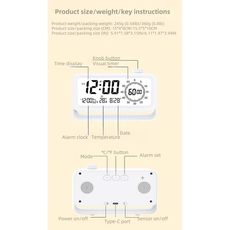 YHFITN Digital Alarm Clock Night Light Visual Timer, LCD Time
