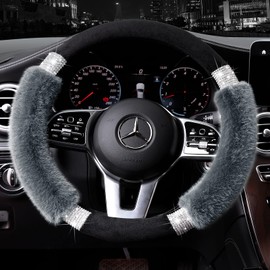 Achiou - Funda universal para volante de invierno, de lana sintética de lujo y diamantes de imitación brillantes para vehículos de mujer, mujer, niñas, 38,8 cm