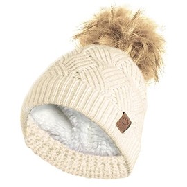 RockJock Ladies Warm Chunky Diamond Cable Knit Hat with Thermal Teddy Fleece Lining and Detachable Faux Fur Pompom-Natural