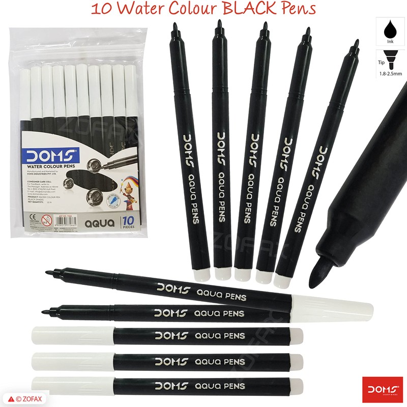 Doms Aqua Felt Tip Pens, BLACK, Pack of 10, Fibre