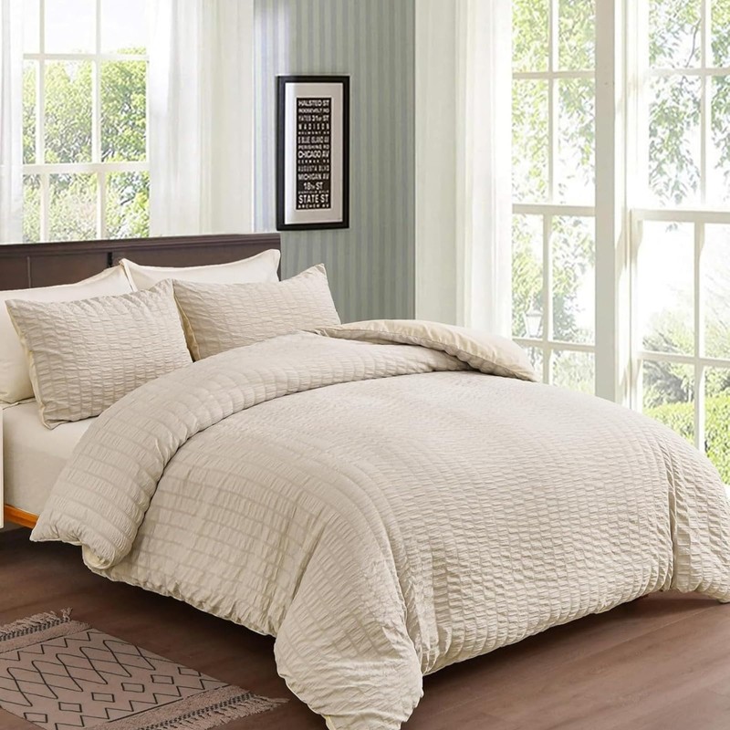 Beige Seersucker Duvet Cover Double Size Puckering Seersucker Bedding Set,2
