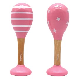 PREMYO Rattle Baby Music Toy - Wooden Toy Maracas Baby Toy - Stripes Pink White