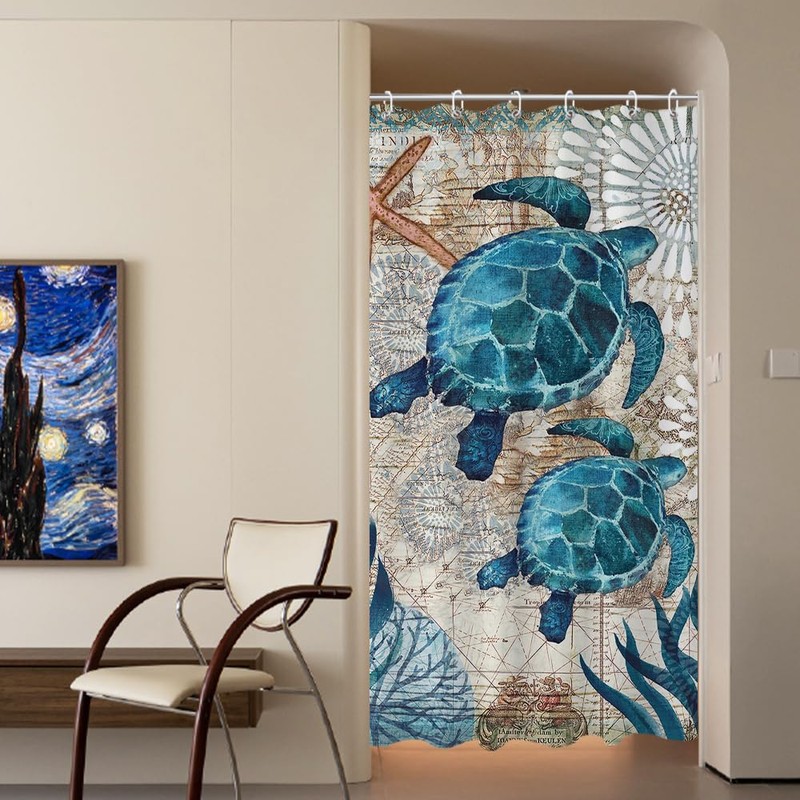Final Friday Nautical Green Sea Turtles Beach Theme Fabric Shower