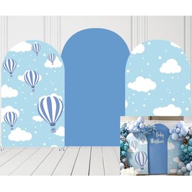 Blue Hot Balloons Arch Backdrop Stand Covers for Parties Supplies Sky Clouds Arched Stretchy Fabric Cover Boys Birthday Party Favors Decorations(3x6ft)
