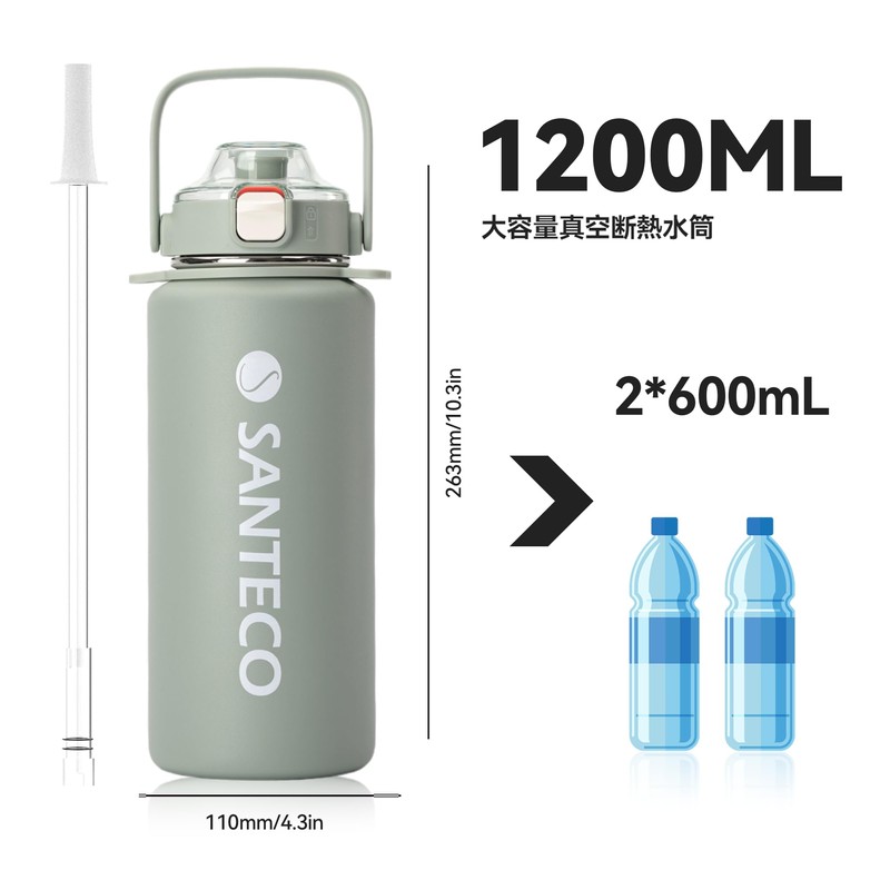 SANTECO Vacuum Insulated Sports Bottle, 3.2 gal (1.2 L), Removable