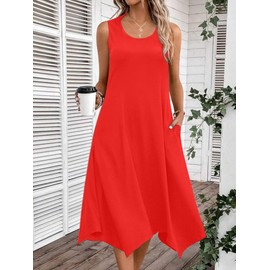 HOTOUCH Womens Swim Suit Coverup Floral Casual Swing Flowy Cotton Beach Dresses Summer Sundress Solid Red X-Large