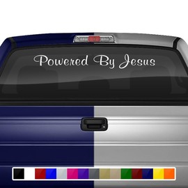 Powered by Jesus Decal Sticker Windshield Window Vinyl Graphic Banner Rear Back Car Truck SUV Vehicle Christian Faith Script Text 36"x4.25"+ (Font-Murray Bold)