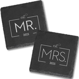 Custom Table Coasters for Drinks Set of 2 | Engraved Square Slate Cup Coasters | Mr and Mrs Wedding Gifts for Couples 2025, Bridal Shower, Housewarming Gifts for Newlyweds