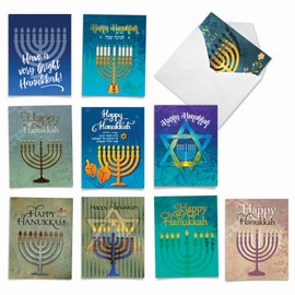 The Best Card Company - 10 Assorted Chanukah Notecards Bulk Box Set 4 x 5.12 Inch with Envelopes (10 Designs, 1 Each) Jewish Holiday Cards Hanukkah Lights AM6140HKG-B1x10
