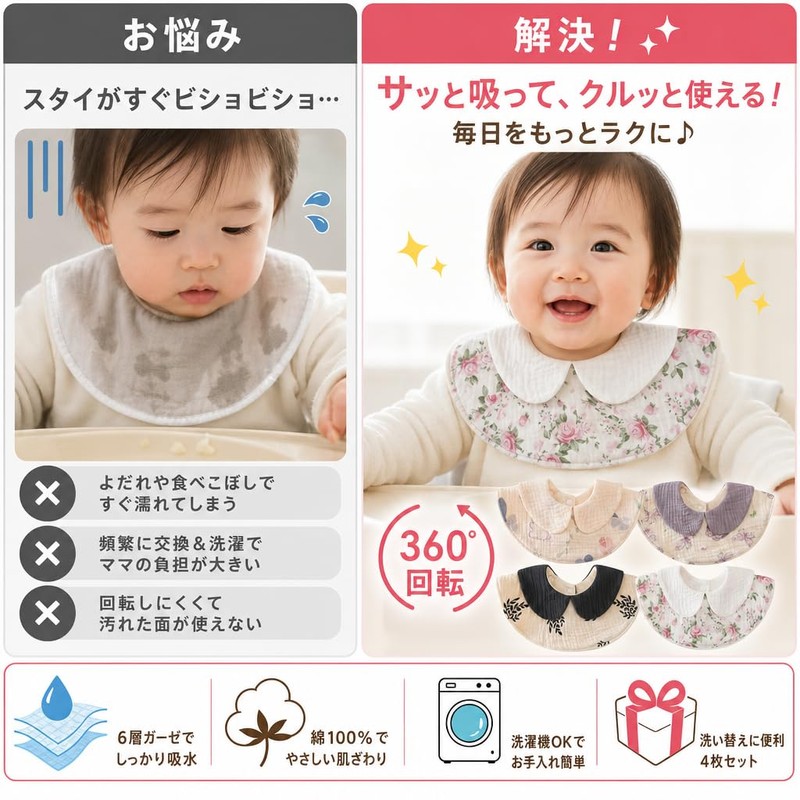 mono-deco よだれかけ スタイ 4枚セット ベビー 綿100% 襟6層 360度回転 お食事エプロン 洗い替え