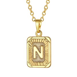 Focalook 26 letters A B C initial letters, pendant with 45 cm / 50 cm Rolo chain, hexagon/rectangle tag necklace for women, girls pendant loop, adjustable gold/ silver available for selection., N