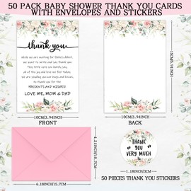 Chuangdi 50 Sets Baby Shower Thank You Cards with Envelopes and Sticker 50 Baby Shower Appreciation Greeting Cards Gratitude Gift for Guest(Flower)