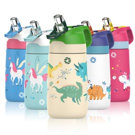 FEIJIAN Kids Stainless Steel Water Bottles with Straw, 12 oz Leak Proof Insulated Water Bottle Double Wall, Keep Drinks Hot Cold Toddler Thermos with Handle BPA-Free for School