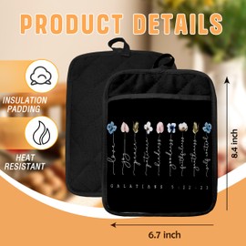 GOOZHO Floral Christian Pot Holders with Pockets, Fruits of Spirit Galatians 5:22-23 Bible Verse Oven Pot Holders Heat Resistant Oven Mitts Hot Pads for Kitchen Baking Cooking