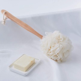 Arswin Loofah Back Scrubber for Shower, Wooden Long Handle Bath Sponge Lufa Shower Brush, Soft Nylon Mesh Back Cleaner Washer, Women & Men Exfoliating Luffa Pouf on a Stick for Body (White)