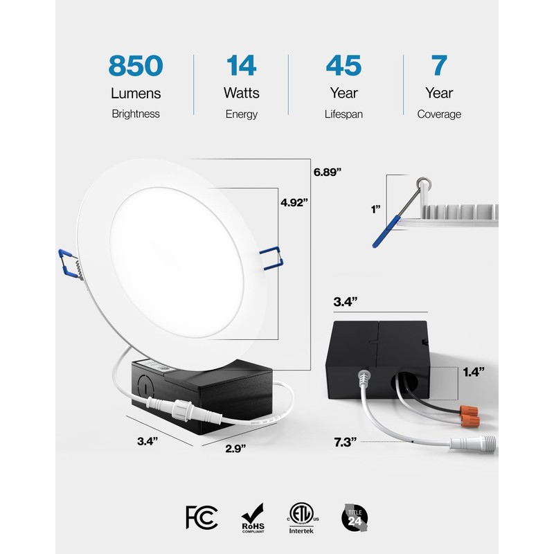 Sunco 24 Pack Recessed Lighting 6 Inch LED, Canless Ceiling