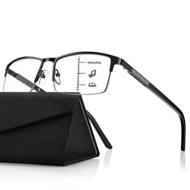 Refined Progressive Reading Glasses Men Multifocus Metal Half Frame, Blue Light Blocking Computer Readers, Modern Rectangular Frame with Flexible Arms with Hard Case, Black +3.00