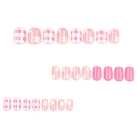 24pcs Cute Press on Nails Short Square Fake Nails with Daisy Lattice Designs Flower False Nails Kit Pink Full Cover Stick on Nails for Women Nail Decoration