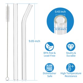 RENYIH 10 Pcs Reusable Glass Boba Straws,9''x14 mm Wide Glass Drinking Straws Jumbo Smoothie Straws for Bubble Tea,Milkshakes,Set of 5 Straight and 5 Bent with 2 Cleaning Brushes -Dishwasher Safe