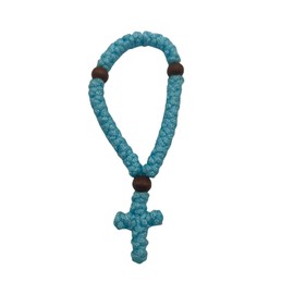 1Pc Handmade Christian 33 Knot Orthodox Greek Omboskoini Prayer Rope Protection Blessing Cross Charm Tassel Car Hanging Charm (Turquoise Blue)