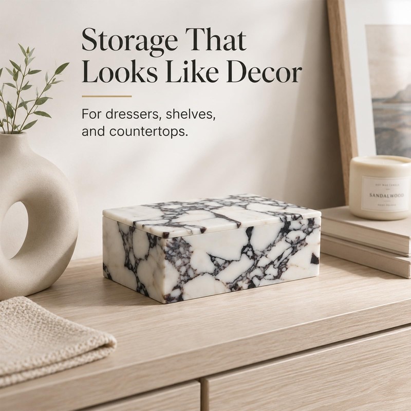 Artisanal Abode Natura Marble Rectangle Jewelry Box with Lid, 7.87