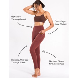Yogaration Yoga Pants with Dual-Layer Pockets, High-Waisted Full-Length Leggings for Women, Stretchy and Non-See-Through Red-Brown