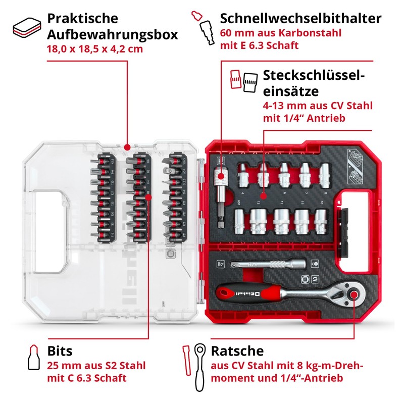 Original Einhell L-CASE 37-Piece Bit and Ratchet Set (25 mm