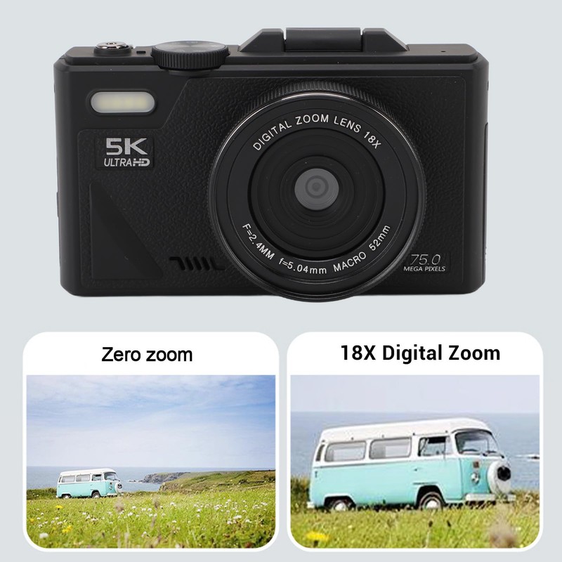 5K Digital Camera with 18X Optical Zoom, 75MP Vintage Digital