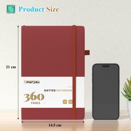 Smarpau Notebook A5, Hardcover Dotted Journal Book with 360 Pages, Premium 100 gsm Ink-proof Papie Thick, Leather Notebook for Women Men Work Office School 14.5 x 21 cm Dark Red